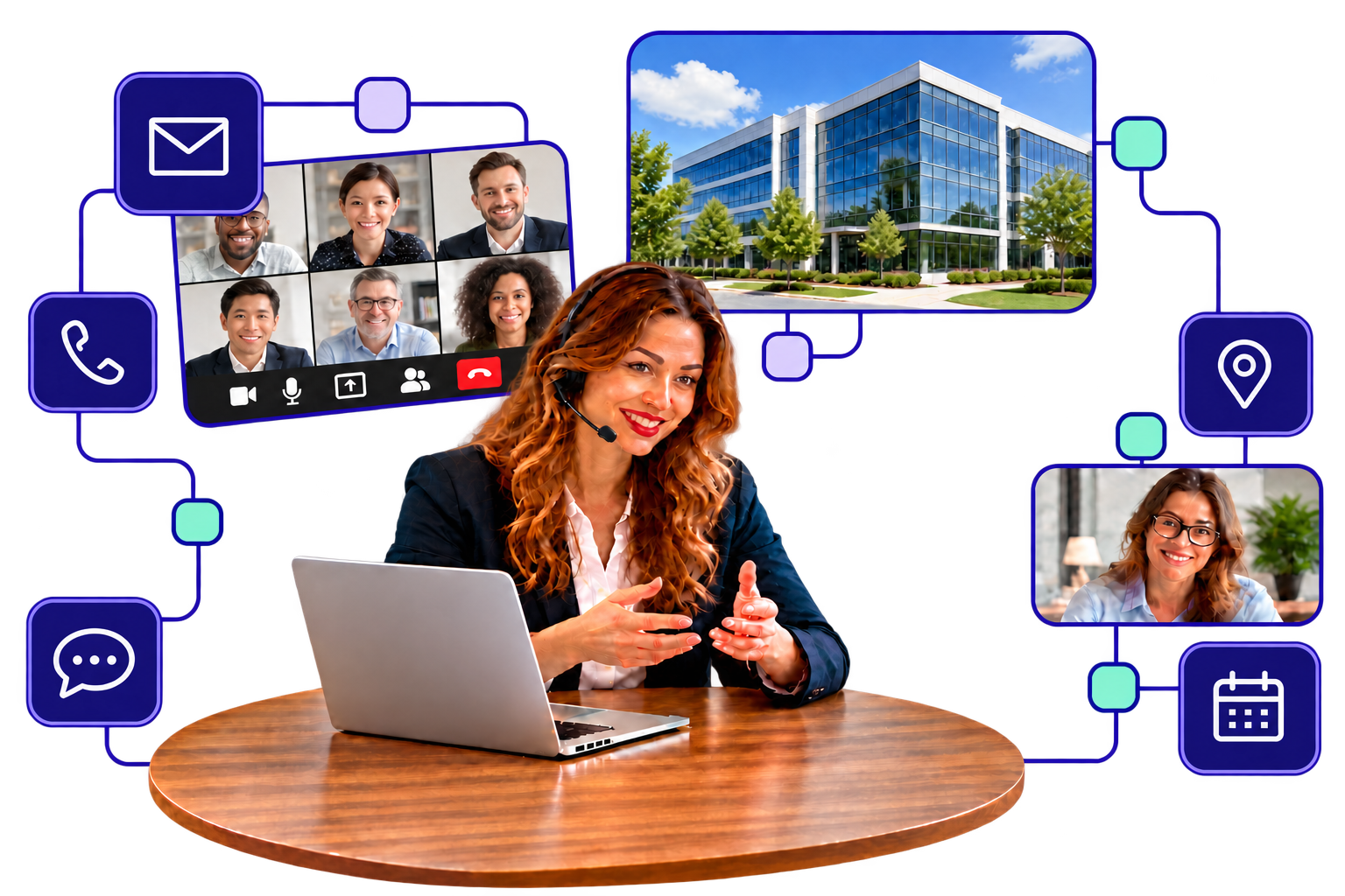 Collage van online overleg en contact via telefoon, e-mail en videogesprekken