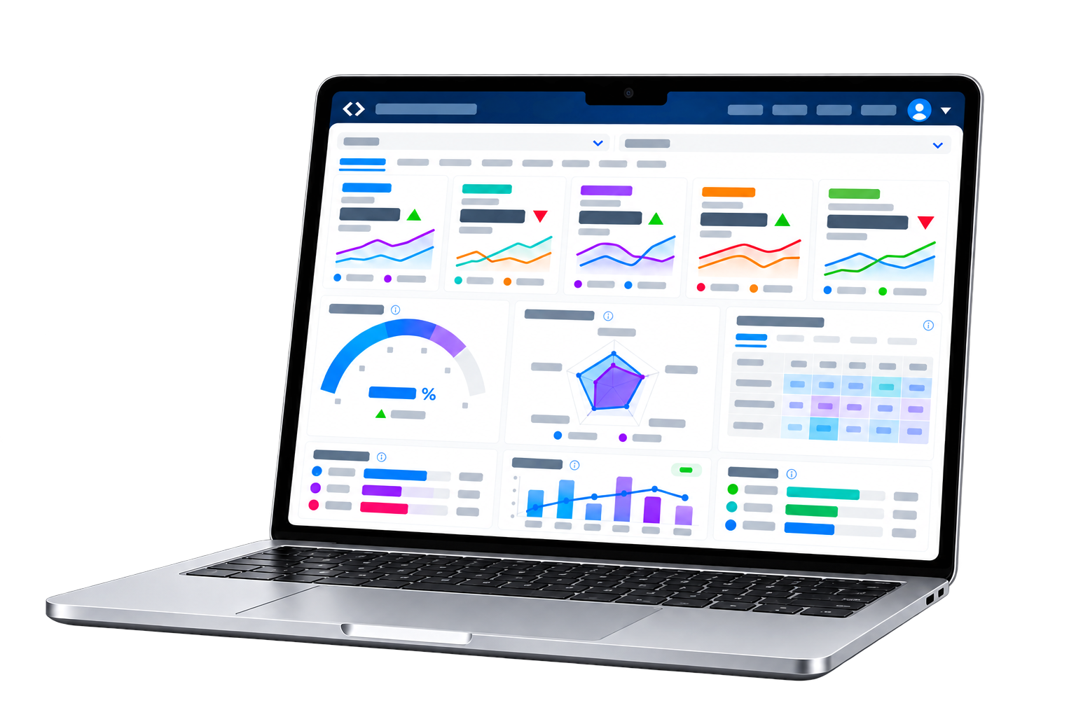Laptop displaying a research dashboard with charts and comparisons