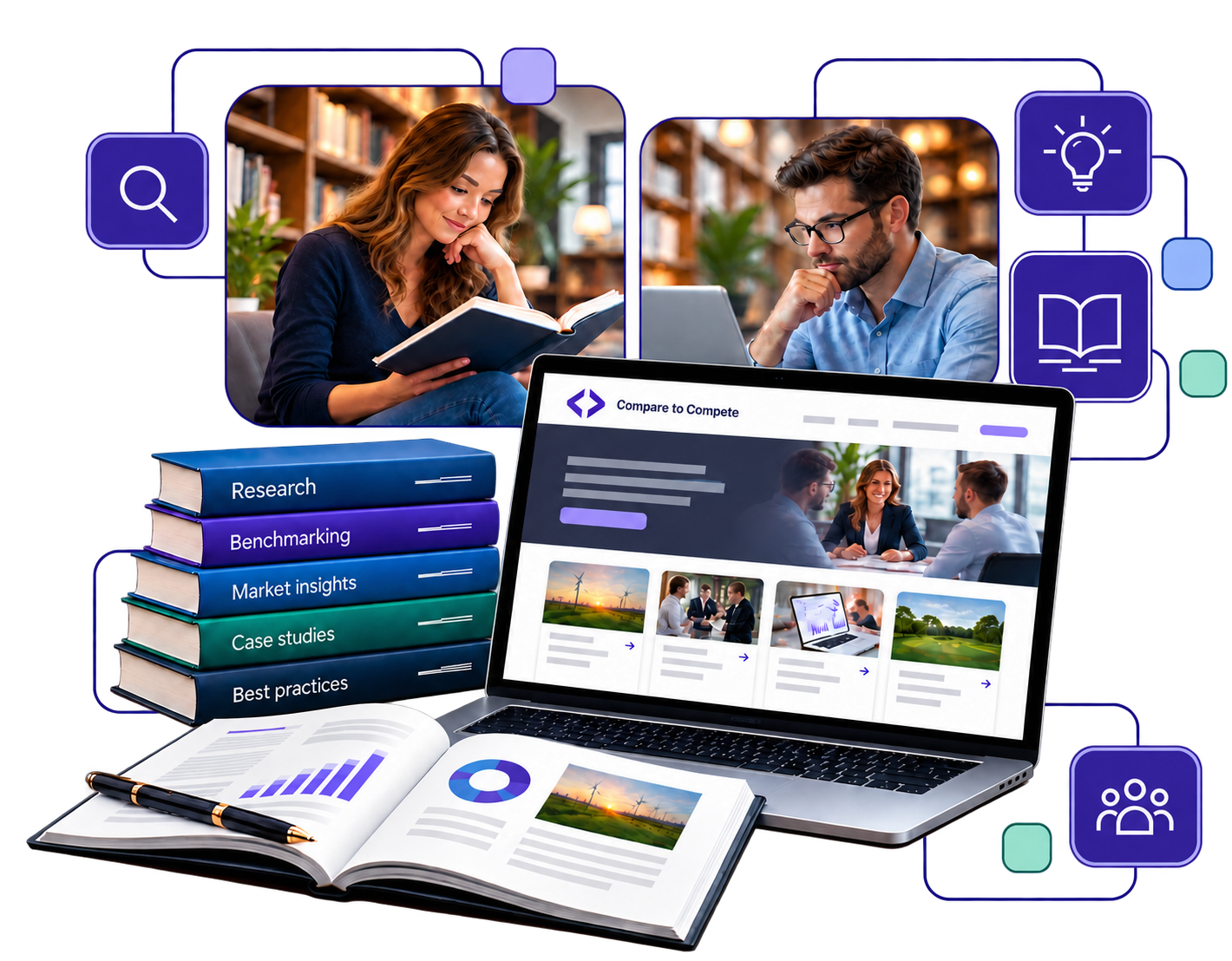Collage van onderzoeksdashboards, rapporten en verbonden inzichten
