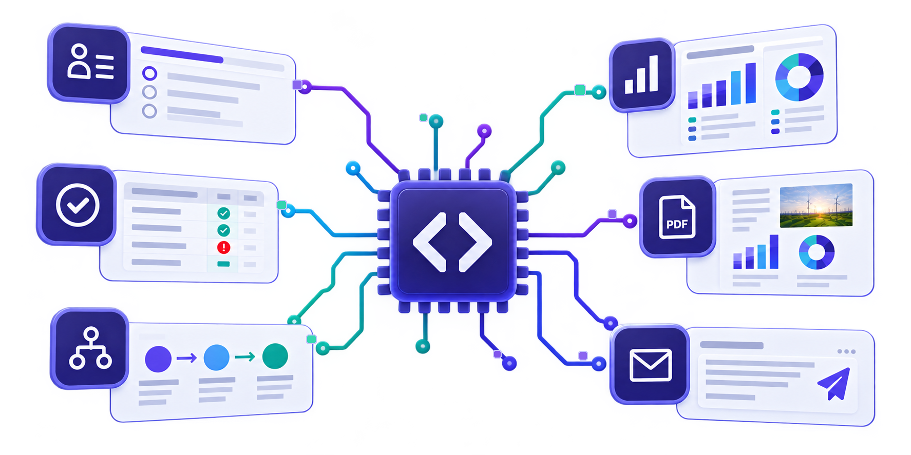 Survey Tool-chip verbonden met modules voor vragenlijsten, validatie, workflow, dashboards, PDF-rapporten en e-mail